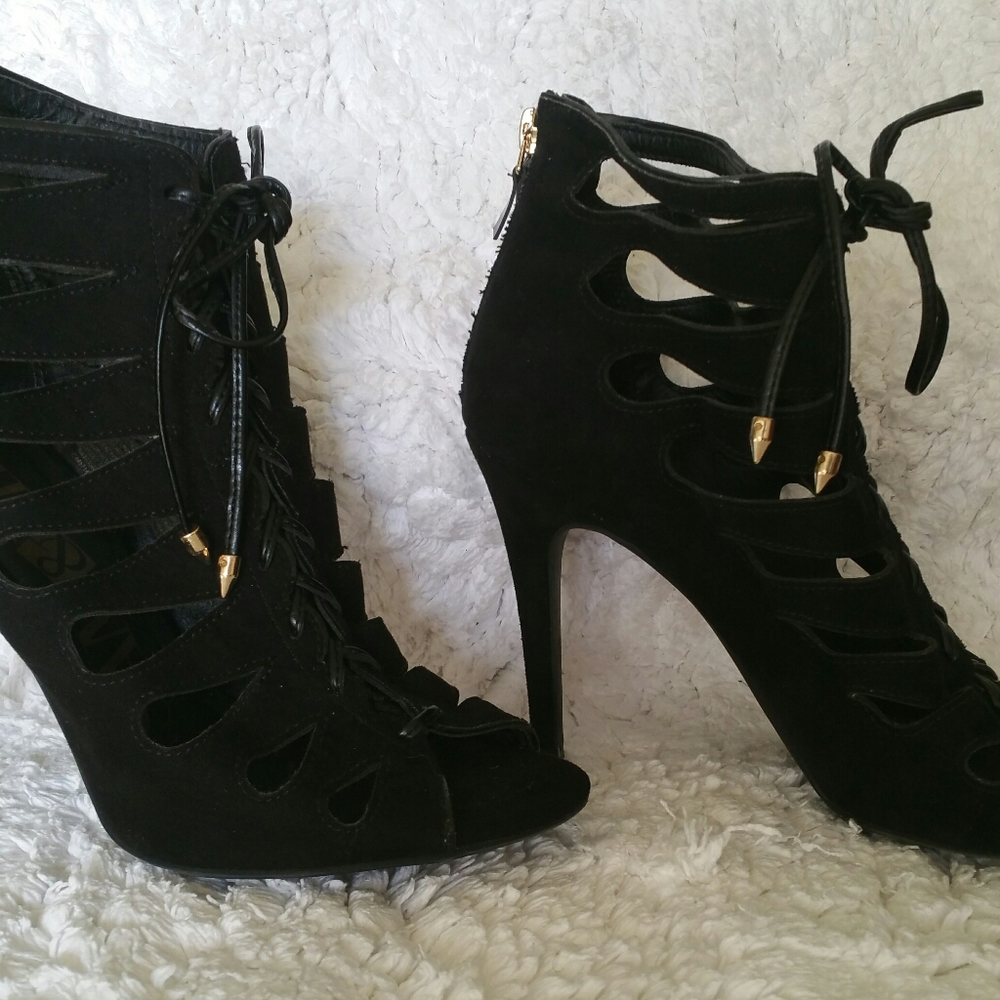 Sam & Libby Black Suede Lace-up Heels, Size 9